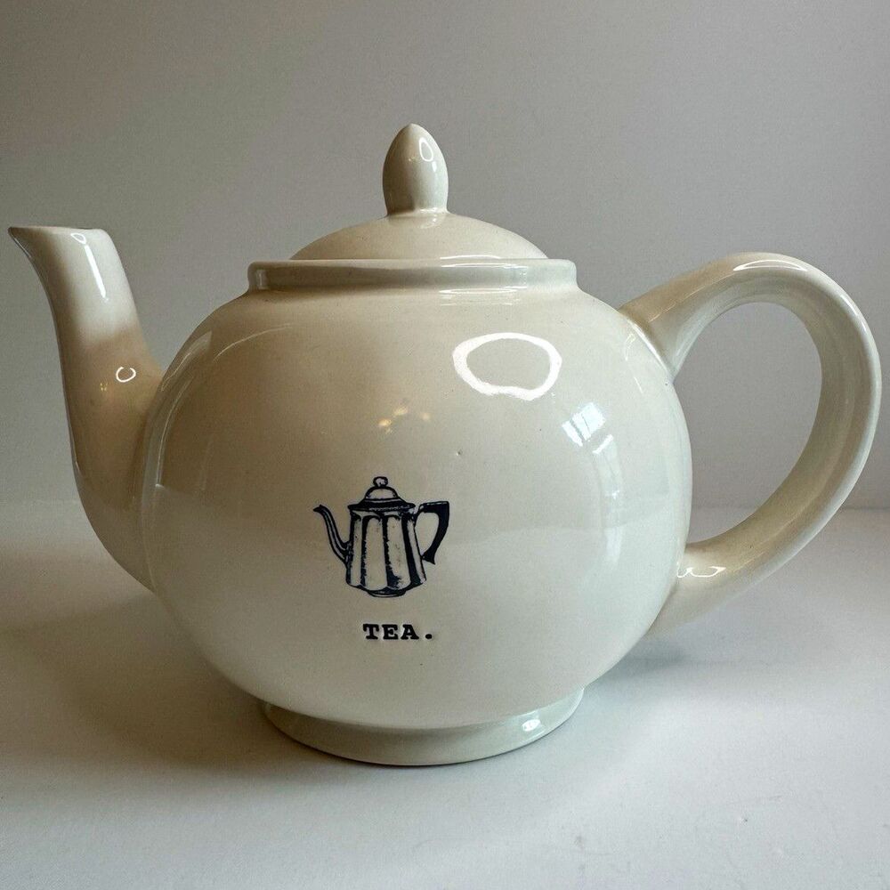 Rae Dunn Artisan Collection White Ceramic "TEA" Teapot with Icon Graphic Magenta